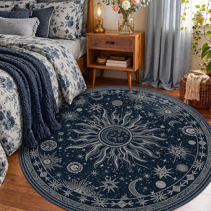 Vacuum-Friendly, Round 6ft Washable Area Rug, Blue Gray White | Sun and Moon Boho Gothic Non-Slip Low Pile Living Roon Bedroom Dining Room Kitchen Entry Entryway Entrance Hallway Doormat