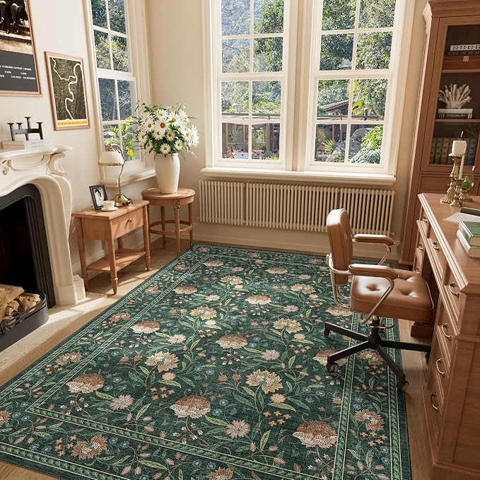 DUKINO 5x7 Area Rugs, Vintage Floral Washable Rug for Living Room, Green | Non Slip, Low Pile, Non-Shedding, Stain Resistant Lightweight Boho Soft Carpet for Bedroom Home Office Dining Room Farmhouse