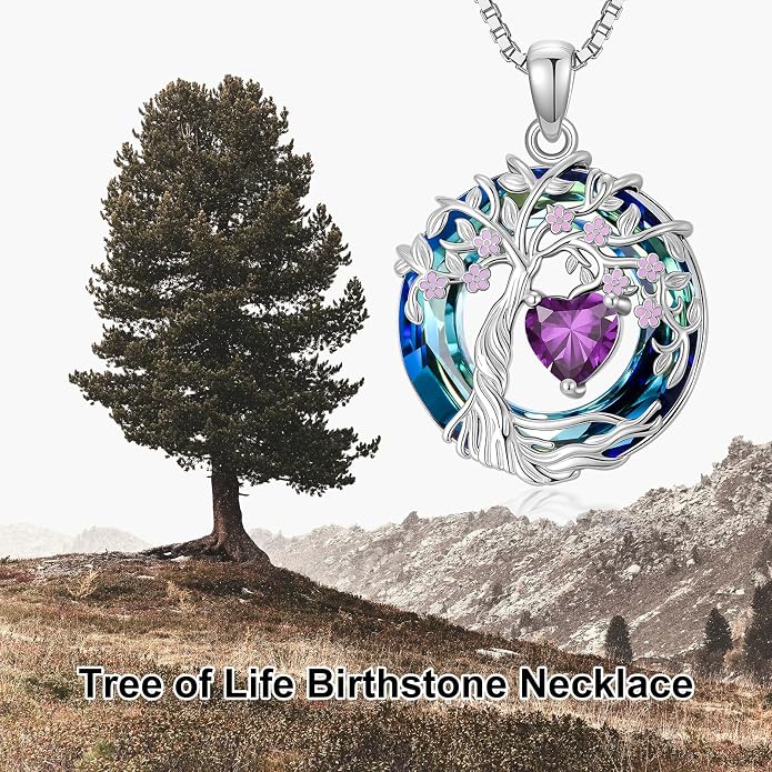Tree of Life Birthstone Necklace 925 Sterling Silver Crystal Tree of Life Pendant Birthstone Jewelry Birthday Christmas Gifts for Women Mom Her Wife
