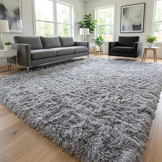 Fluffy Rugs for Living Room: Grey Soft Shag Rug for Bedroom, Large Fuzzy Plush Indoor Floor Carpet Non Slip Modern Rug for Nursery Boys Girls Kids Room Playroom Dorms Home Decor, 7x10 Feet