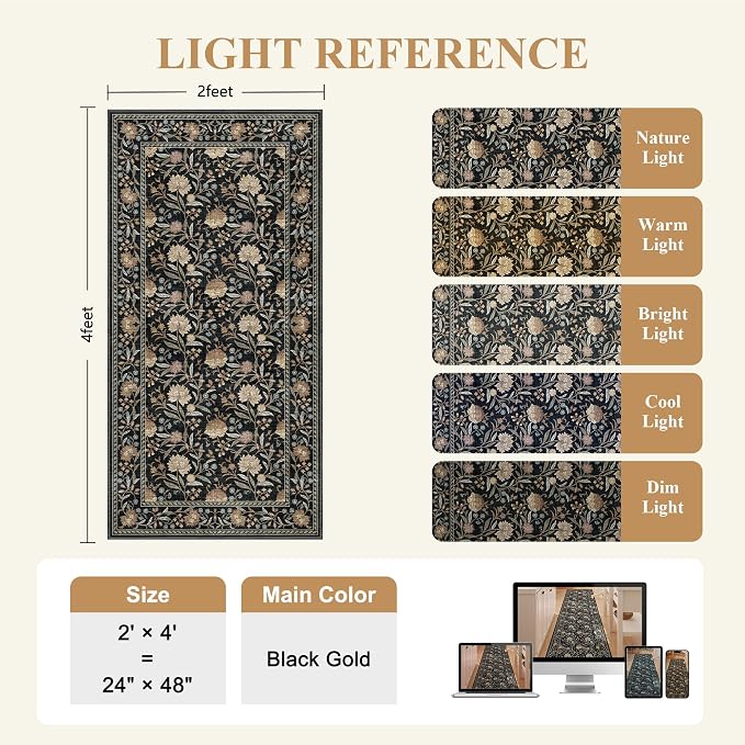 DUKINO 2x4 Rug, Washable Vintage Floral Entryway Rug Non Slip, Black | Low Pile, Non-Shedding, Stain Resistant Boho Lightweight Soft Indoor Carpet for Kitchen Bathroom Hallway Laundry Farmhouse