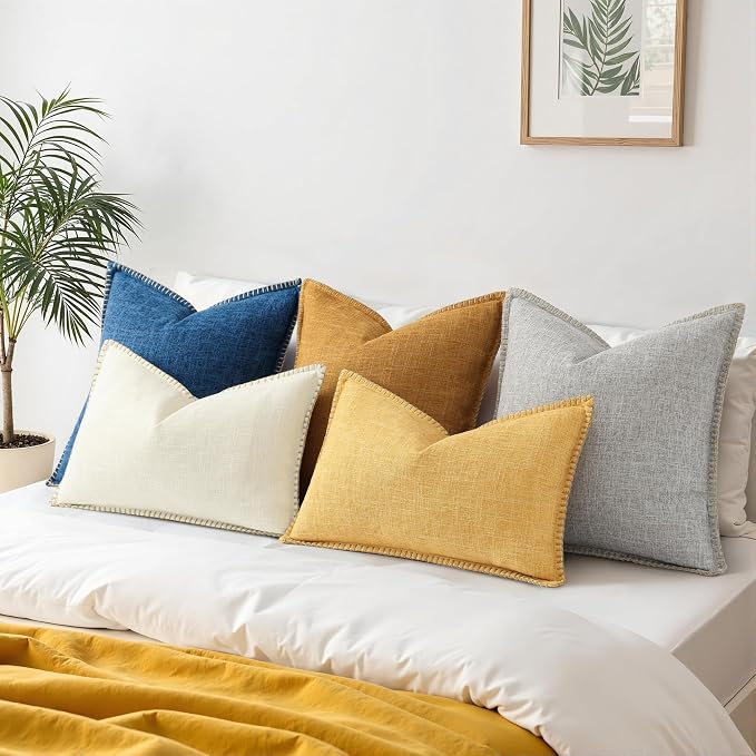 decorUhome Dark Blue Faux Linen Outdoor Throw Pillow Covers 24x24 Set of 2 | Fall Decorative Textured Neutral Modern Farmhouse Pillow Covers with Stitched Edge for Couch Sofa Bed Living Room
