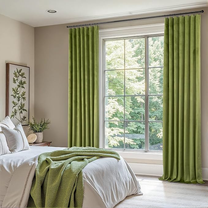 Moss Green Boho Velvet Curtains 63 Inch Length for Boys Bedroom 2 Panels Back Tab Rod Pocket Heavy Duty Heat Cold Blocking Light Dampening Drape for Kitchen Bathroom Laundry Closet Playroom 52x63 Long