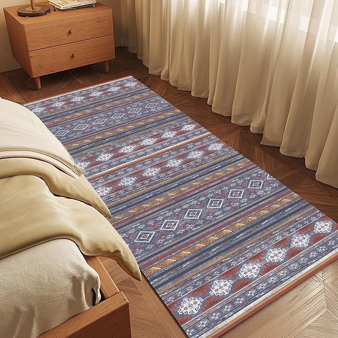 RUGSURE Washable Area Rugs 2'6'' x 8' - 1/6 Thick - Moroccan-Inspired -Stain & Water Resistant Non-Slip - Resistant Rug for Living Room, Bedroom, Nursery, Pet & Child Friendly (Blue and Red)
