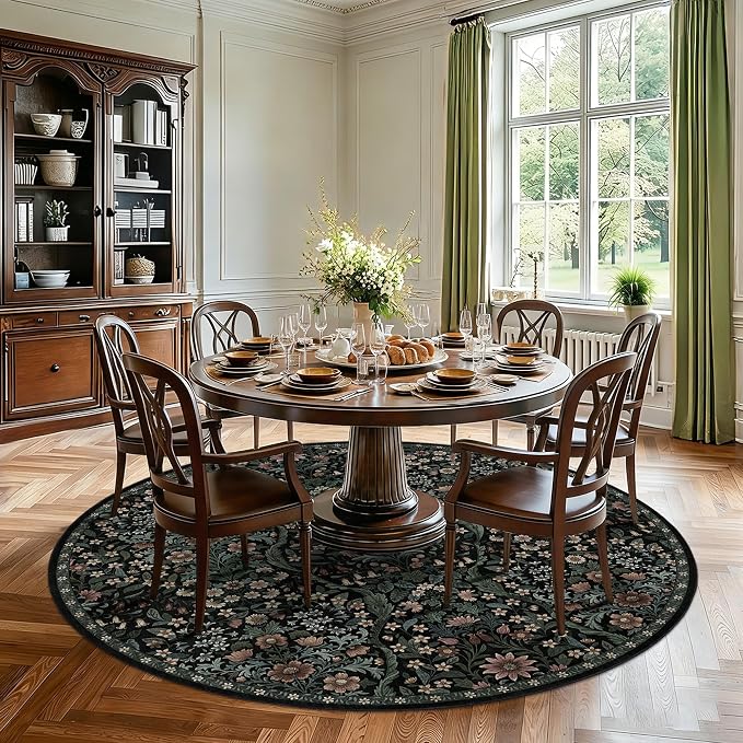 Round Rug 7ft Black Washable Floral Circle Rug,Vintage Boho Botanical Round Area Rugs, Non-Slip Soft Low-Pile Circular Carpet for Bedroom,Kids Room,College Dorm,Home Decor
