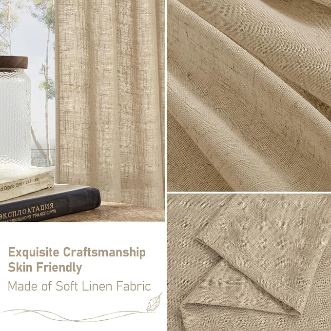 LAMIT Linen Semi Sheer Curtains 48 Inch for Bedroom, Light Filtering Neutral Window Curtains Farmhouse Boho Back Tab and Rod Pocket Panels, Brown, 2 Panels, 52 x 48 Inch