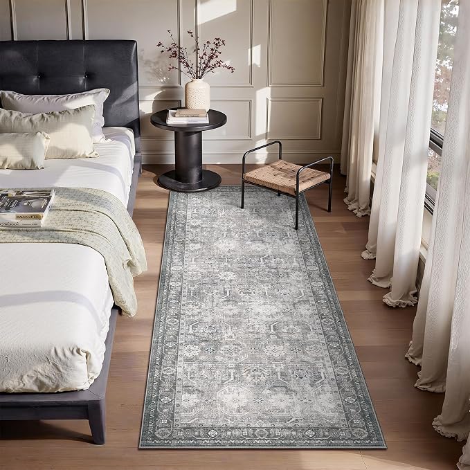Runner Rug, Washable Non Slip Low Pile Kitchen Runner, Soft Boho Modern Rug for Hallways, Bedroom, 2x6, Distressed Grey