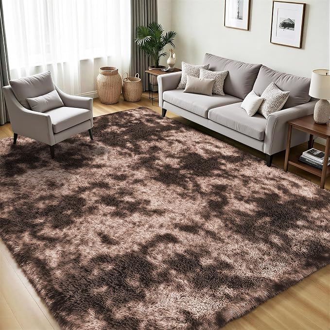 Area Rug for Living Room Bedroom: 6x9 Soft Fluffy Shag Upgrade Non-Slip High Pile Carpet Large Fuzzy Plush Indoor Floor Decor Shaggy Coffe Tie-Dyed Rug for Kid Boys Girls Playroom Nursery Modern Home