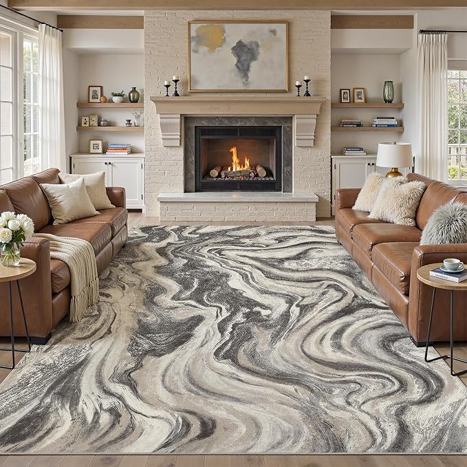 DMOYEST 9x12 Area Rug for Living Room:Washable Modern Neutral Abstract Rug with Low Pile Non Slip Soft Thin Large Indoor Carpet for Bedroom Dining Room Home Office Decor-Ash Grey