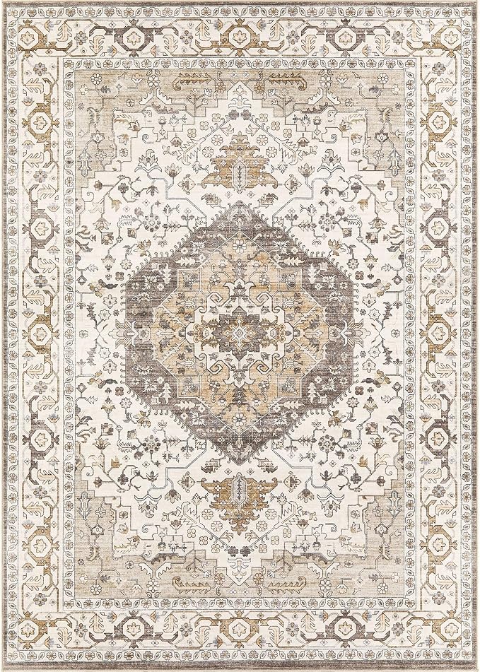 Area Rug for Living Room - 5x7 Soft Washable Oriental Vintage Floral Distressed Large Carpet - Fade Stain Resistant Non Slip Rugs for Bedroom Dining Room Nursery Dorm Office Home Decor-Camel/Beige