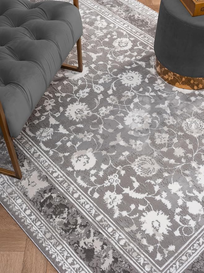 Amber Traditional Floral Area Rug for Living Room, 5x7 Vintage Persian-Inspired Gray Rug, Medium Pile Stain Resistant Carpet for Bedroom, Dining Room or Kitchen (5' x 7', Gray)