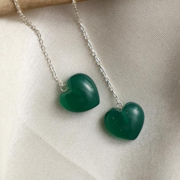 Gemstone Heart Shaped Threader Earrings in 925 Sterling Silver, Pull Through Adjustable, Versatile & Trendy, Perfect Valentine's Gift for Women, Choice of Gemstone Available