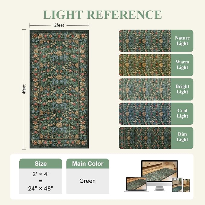 DUKINO 2x4 Rug, Washable Vintage Floral Bathroom Runner Rug, Green | Non Slip, Low Pile, Stain Resistant, Aesthetic Lightweight Soft Indoor Carpet for Kitchen Entryway Hallway Bathroom Bedroom