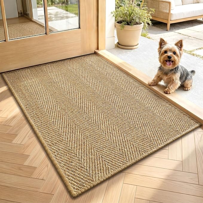 LUMI Indoor Door Mat 20"x32", Non-Slip Handwoven Sisal Rug, Herringbone | Handcrafted Natural Sisal Fibers, Reinforced Edges Resist Fraying, 0.2" Low-Profile Doormat, Dot-Coated Non-Slip Backing