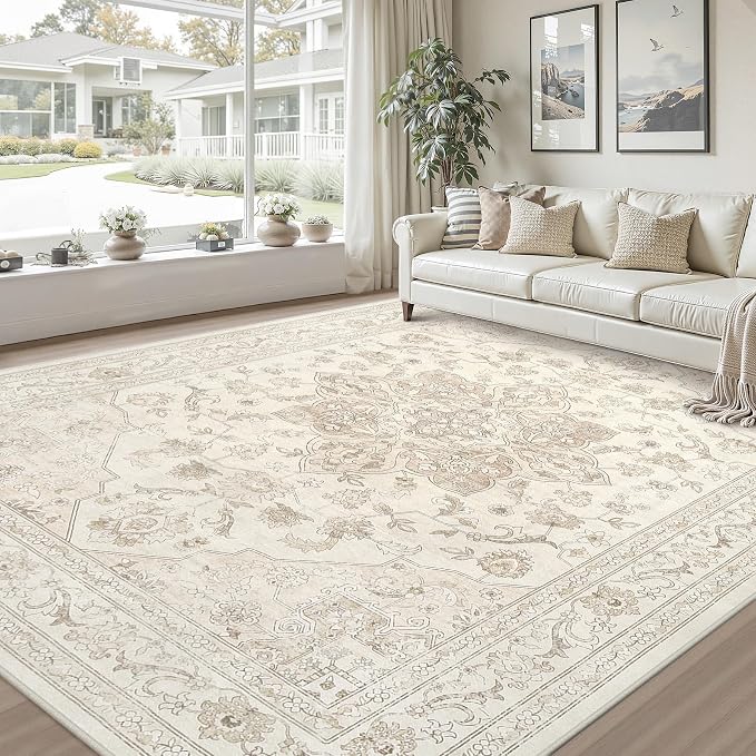 10x12 Area Rug for Living Room: Vintage Boho Neutral Washable Rug Indoor Soft Large Area Rug Carpet for Bedroom Nursery Farmhouse Dining Room Office Floor Non-Slip Low Pile Under Table Rug Beige White
