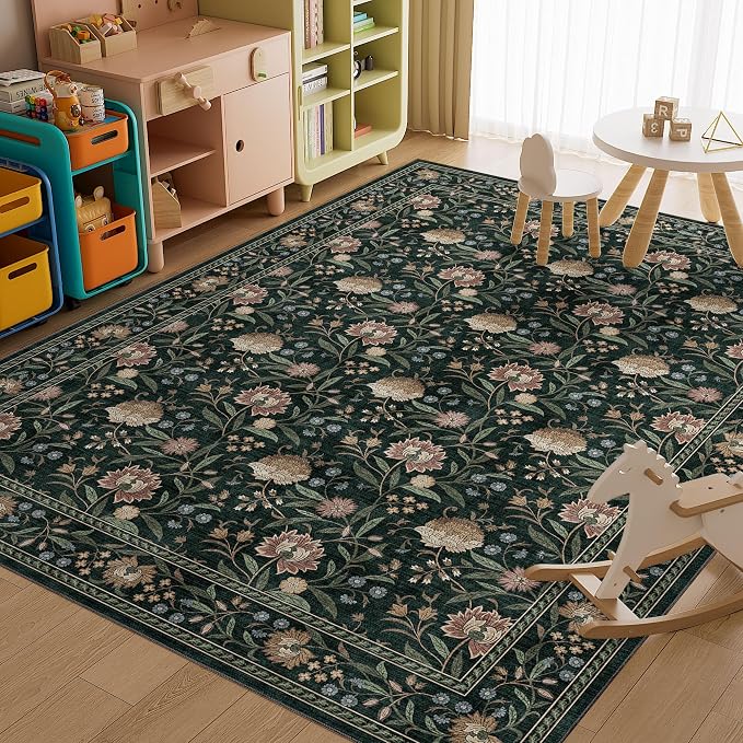 DUKINO 9x12 Area Rug for Living Room Vintage Floral Washable Rug Dark Green | Non Slip, Low Pile, Non-Shedding, Stain Resistant, Aesthetic Soft Indoor Large Carpet for Bedroom Dining Room Farmhouse
