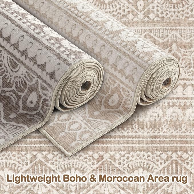 Tortania Area Rug Living Room Rugs - 5x7 Washable Large Soft Neutral Boho Moroccan Bohemian Farmhouse Rug Indoor Floor Carpet for Bedroom Under Dining Table Home Office Decor - Light Brown