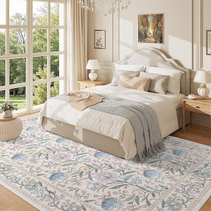DUKINO 6x9 Area Rug Vintage Floral Washable Rugs for Living Room Cream Blue | Non Slip, Low Pile, Non-Shedding, Stain Resistant Soft Large Carpet for Bedroom Home Office Dining Room Farmhouse, Home Decor