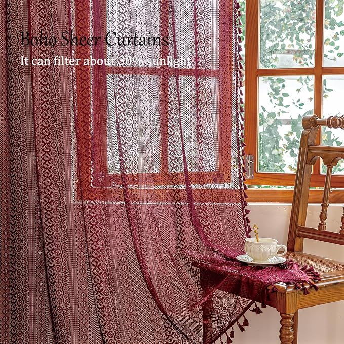 Sutuo Home Burgundy Boho Sheer Curtains 84 inches Long 2 Panels for Bedroom Living Room, Red Lace Curtains Crochet Bohemian Farmhouse Vintage Tassels Window Treatments Xmas Decor Rod Pocket, 50" W
