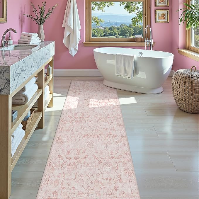 Pink 3x7 Runner Rug for Hallways Bed Side Kitchen, Boho Washable Distressed Low-Pile Floor Entryway Long Bathroom Mat, Non-Slip Laundry Room Washstand Front Carpet 36x84 Inch
