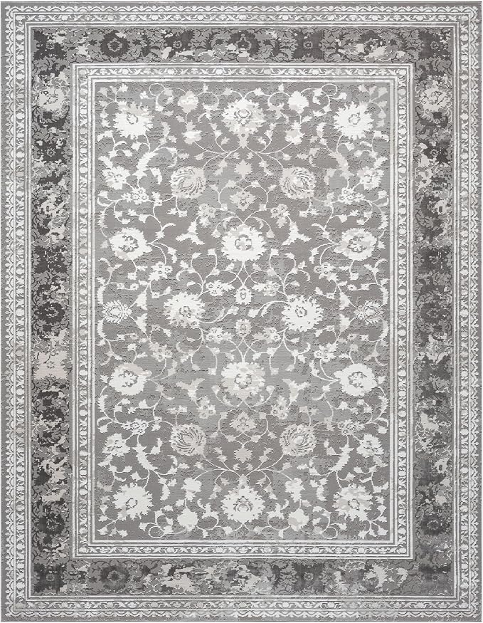 Amber Traditional Floral Area Rug for Living Room, 8x10 Vintage Persian-Inspired Large Gray Rug, Medium Pile Stain Resistant Carpet for Bedroom, Dining Room or Kitchen (8' x 10', Gray)