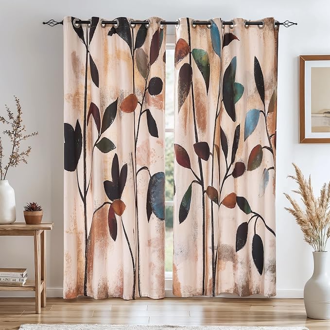 SUBRTEX Blackout Curtains 52Wx108L, Room Darkening Floral Curtains, Thermal Insulated 2 Panels Window Drapes, Boho Farmhouse Curtains for Living Room Bedroom Window Treatments, Brown