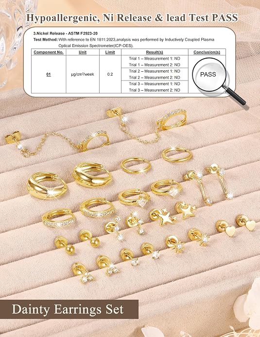 Florideco Flat Back Earrings Hypoallergenic Surgical Steel Earrings for Women Trendy Cartilage Chain Earring 14K Gold Plated Star Heart CZ Flatback Stud Earring Sets for Multiple Piercing