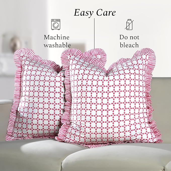 CPC Magenta Pink Hand Block Print 100% Cotton Ruffle Throw Pillow Cover 18x18 inch with Hidden Zipper Decorative for Couch, Bed, Sofa, Farmhouse, Cottagecore Decor Gift Christmas Fall Thanksgiving