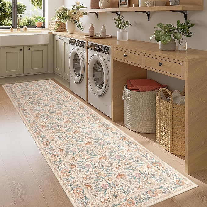 DUKINO 2x10 Runner Rug for Hallway, Washable Vintage Floral Rug, Beige | Non Slip, Low Pile, Non-Shedding, Stain Resistant Soft Long Runner Carpet for Kitchen Bathroom Entryway Bedroom Farmhouse