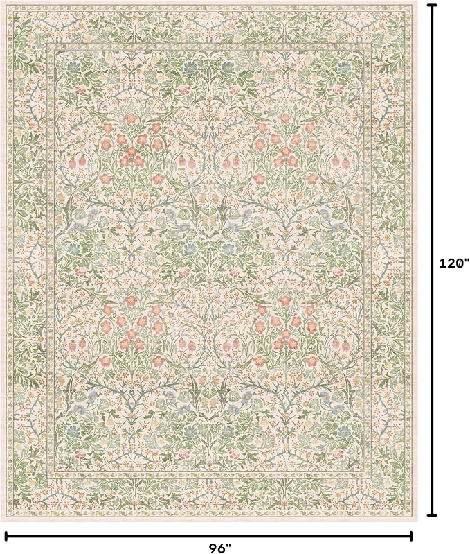 Cream Green Washable 8x10 Area Rugs for Living Room, Bedroom, Dining Room Under Table, Playroom, Stain Resistant Non-Slip Light Green Carpet with Pale Yellow and Pink Blossoms and Blue Flowers
