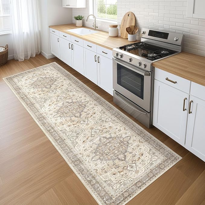 Runner Rug Kitchen Washable Rugs: 2x5 Non-Slip Boho Soft Vintage Stain Resistant Indoor Floor Neutral Farmhouse Throw Carpet for Hallway Bathroom Laundry Room Entryway Bedroom- Brown