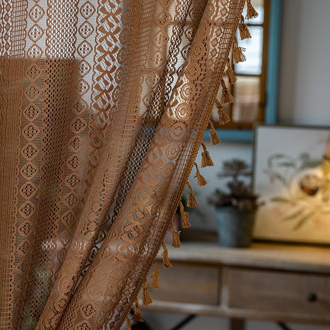 Sutuo Home Dark Coffee Door Curtain for Door Window, Lace Sheer Doorway Curtain for Closet Crochet Vintage Tassels Bohemian Privacy Temporary Room Divider Rod Pocket,1 Panel 37" x 80"