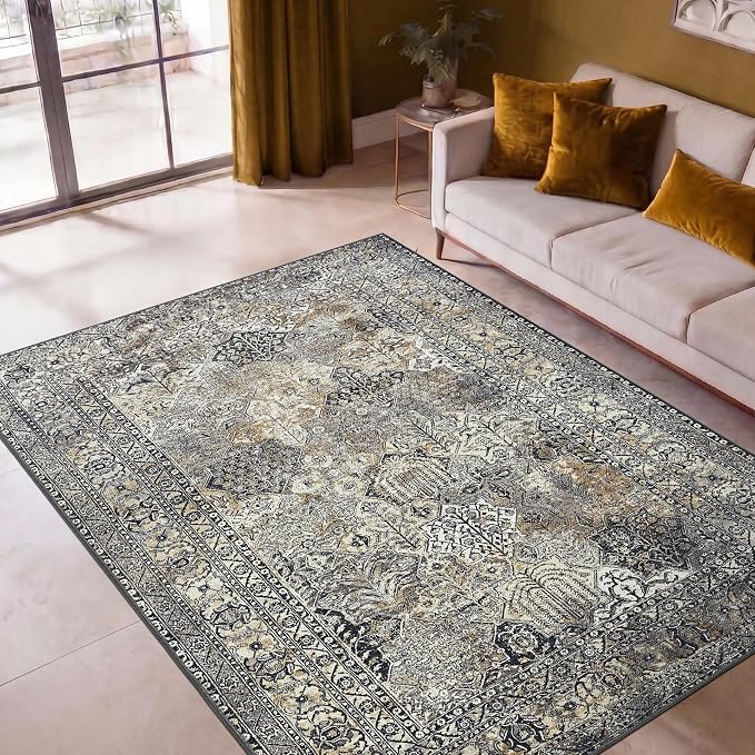 Keen Home Design 5x7 Rug - Machine Washable Area Rug with Non-Slip Backing, Ideal for Living Room, Dining Room, Bedroom - Vintage, Easy Clean, Durable, Low Pile Rug - (5' x 7')
