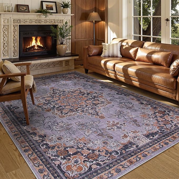 Lahome Oriental Area Rug for Bedroom, Washable 5x7 Purple Rug for Living Room Ultra-Thin Soft Boho Rug for Bedside, No Shedding Vintage Area Rug for Dining Room Office (Purple, 5'x7')