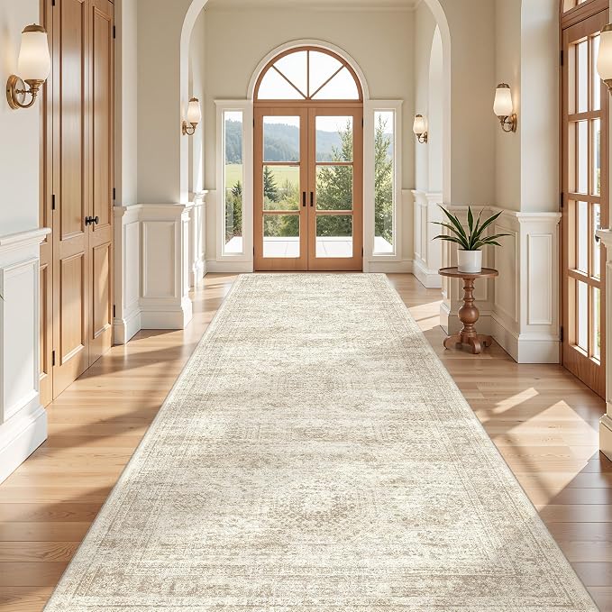 4x12 Runner Rug Non Slip,Washable Hallway Runner Rug,Beige | Area Rugs for Kitchen,Entryway,Bedroom,Bathroom,Nursery Room,Thin,Soft Runner Rug,Stain Resistant Indoor Carpet