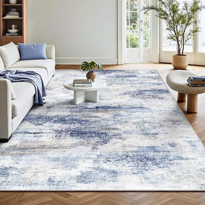 Washable Rug 6x9, Abstract Morden Soft Area Rug, Non-Slip Low Pile Rugs for Living Room, Bedroom, Dining Room, Home, Office (Rust Blue/Brown)