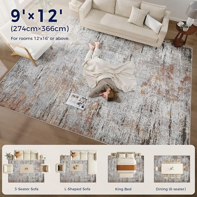 DMOYEST Area Rug Living Room Rugs - 9x12 Large Soft Indoor Neutral Modern Abstract Low Pile Washable Rug Carpet for Bedroom Dining Room Farmhouse Home Office - Grey Rust
