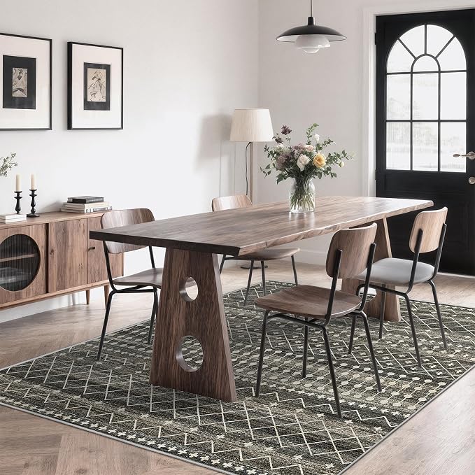 Miukiki 6x9 Area Rug for Living Room Moroccan Washable Rugs Non Slip Indoor Floor Carpet Foldable Large Soft Area Rug for Dining Room Bedroom with Low Pile(Black,6'x9')