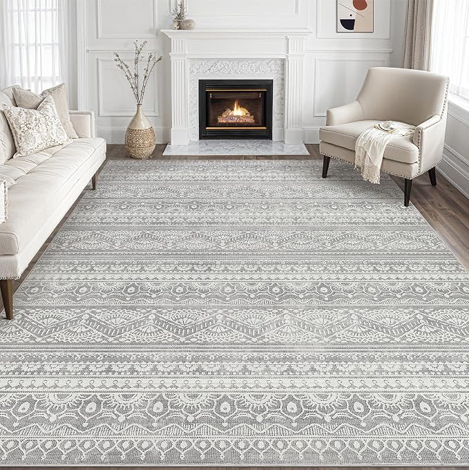 Tortania Area Rug Living Room Rugs - 8x10 Washable Large Soft Neutral Boho Moroccan Bohemian Farmhouse Rug Indoor Floor Carpet for Bedroom Under Dining Table Home Office Decor - Neutral Grey