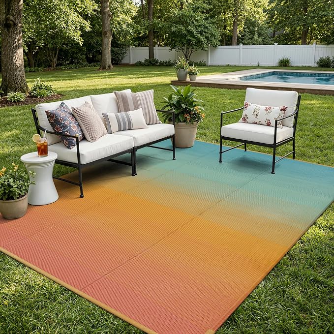 Lahome Camping Rugs for Outside Your Rv 5x8 Indoor Outdoor Carpet Waterproof Plastic Straw Rug, Reversible Camping Mats Large Porch Rug for Patio,Backyard, Balcony,Deck,Blue-Orange 5x8