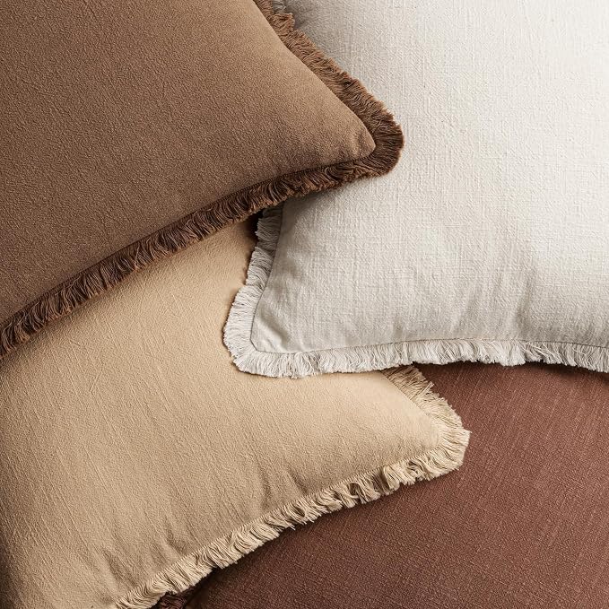 MIULEE Fall Linen Fringe Pillow Covers Set of 4 22x22 Beige/Brown | Boho Farmhouse Decorative Throw Pillow Covers, Neutral Soft Rustic Cushion Cases, for Couch Sofa Bed Living Room Home Decor