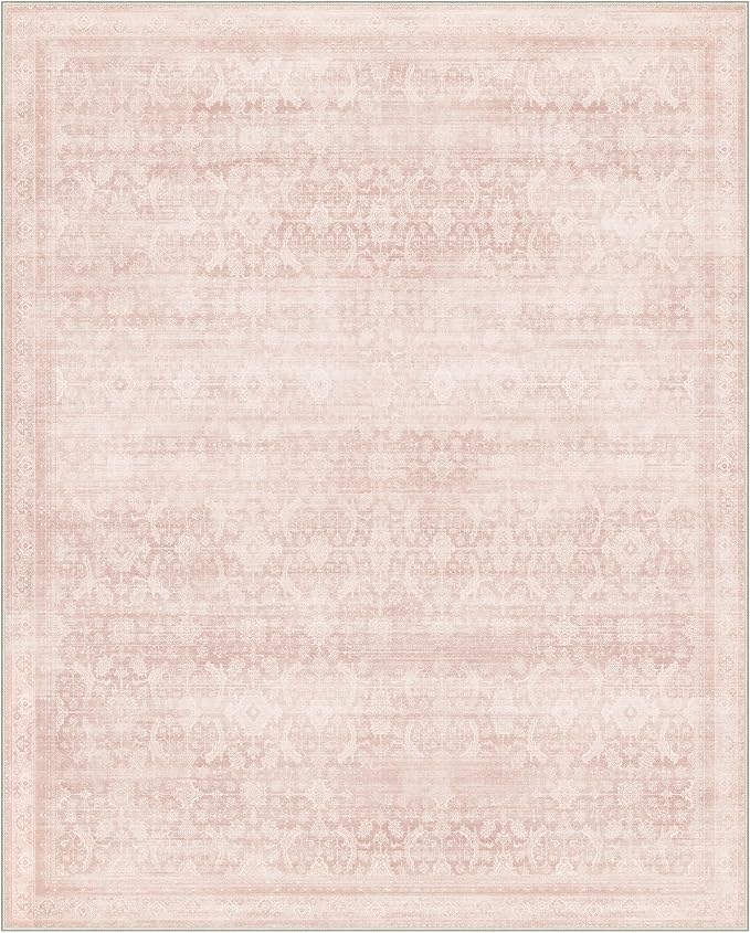BESBLEE 6X9 Area Rugs Machine Washable Rugs for Living Room, Vintage Boho Large Rugs for Bedroom Dining Room, Non Slip Indoor Soft Distressed Lightweight Thin Low Pile Carpet, Pink