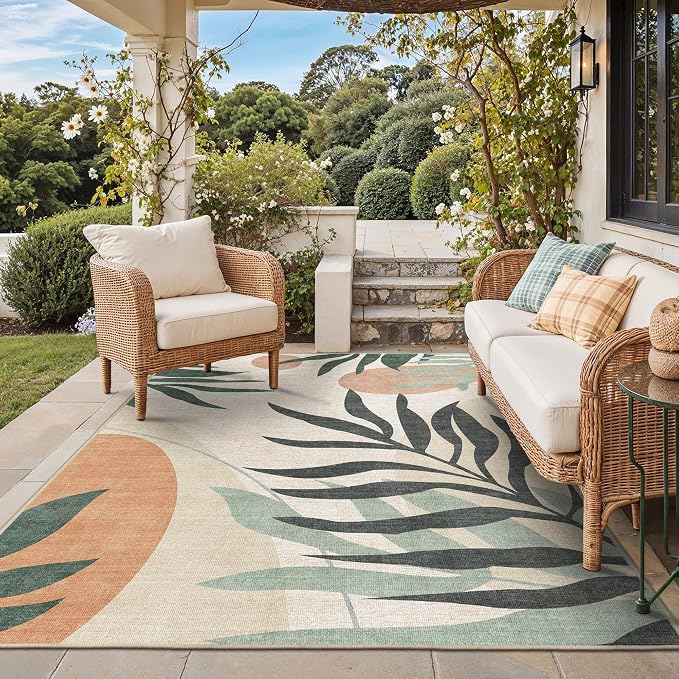 GENIMO 5x8 Outdoor Rug, Washable for Patio and Deck, Dark Beige Olive | Botanical leaf design for porch; fade resistant chenille with quick-dry non-slip backing for indoor sunroom.