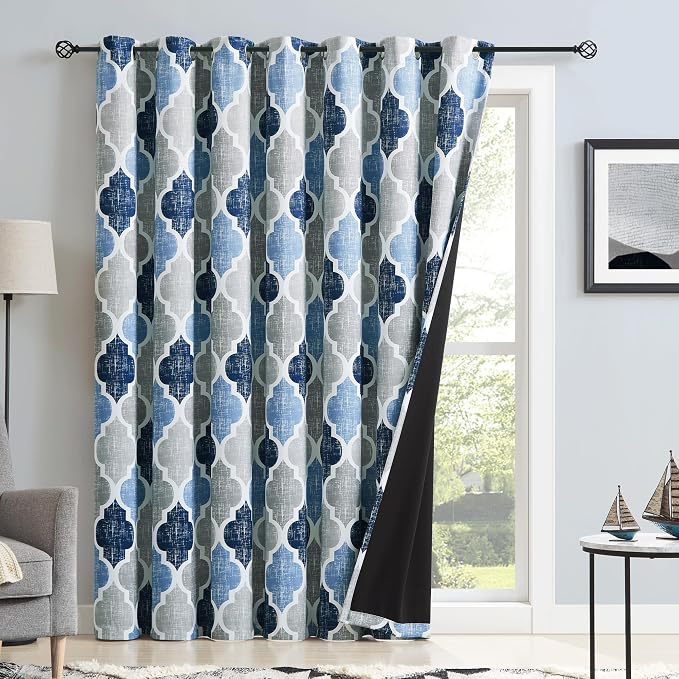 Beauoop Moroccan 100% Blackout Sliding Door Curtains Blue Grey 100x84 1 Set | Geometric Room Darkening Patio Curtains Extra Wide Room Divider Drapes Thermal Soundproof Lattice Window treatment Grommet