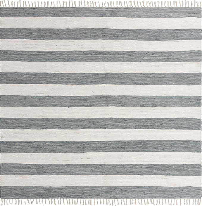 Unique Loom Chindi Rag Collection Area Rug - Striped (10' Square, Gray/ Ivory)