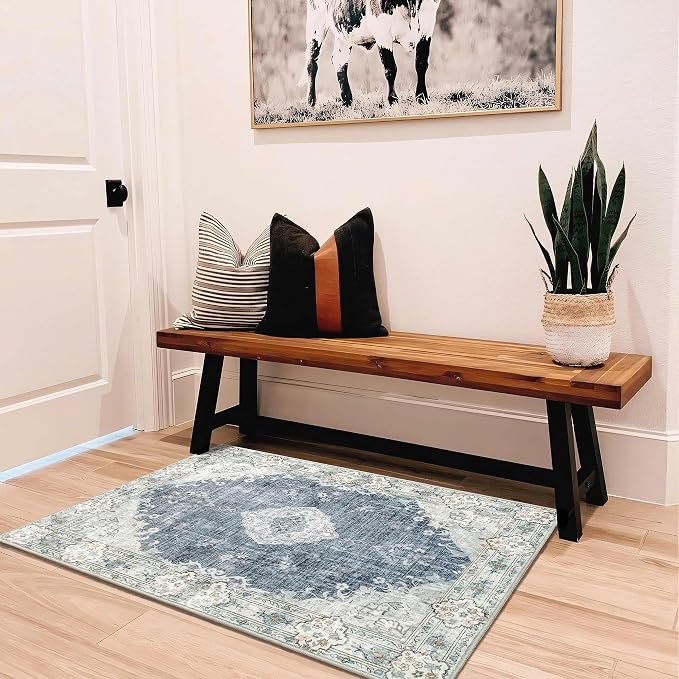 MUJOO 2'x3' Rug Small Washable Area Rugs Non Slip Low-Pile Floral | Machine Washable Throw Carpet for Entryway Kitchen Bathroom Bedroom Boho Soft Indoor Vintage Abstract Flowers Blue and Grey