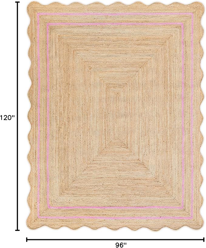 Wave Scalloped Natural Jute Rug - Boho Entryway Runner, Farmhouse Scallop, Light Pink (8'x10')