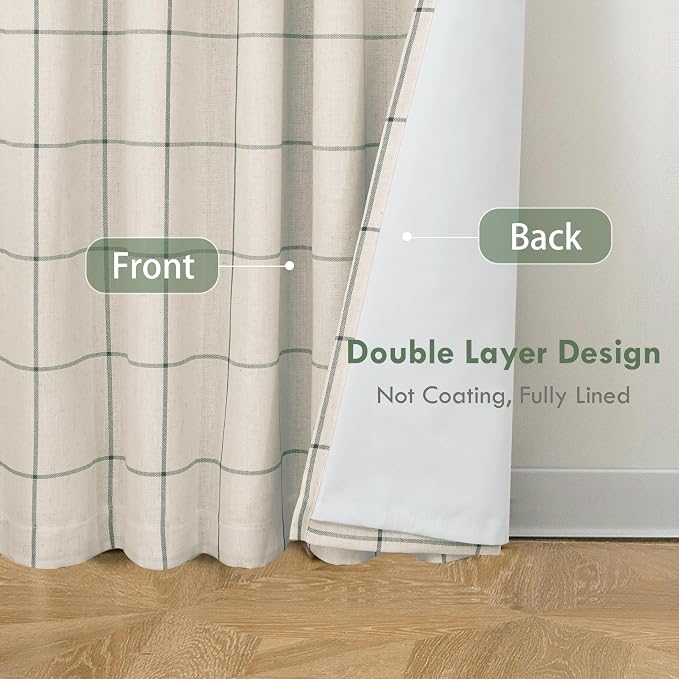DriftAway 100% Blackout Plaid Linen Curtains W52xL96 Loden Green | 100% Blackout, Linen Texture, Plaid Pattern, Two Layers, Rod Pocket & Back Tab, Bedroom Living Room Use, Luxury Appearance