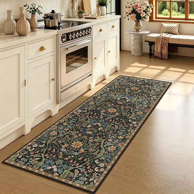 2x5 Washable Runner Rug,Black Brown Floral Boho Area Rug for Hallway,Low-Pile Non-Slip Stain Resistant Carpet for Kitchen, Bedside,Laundry Room,Entryway