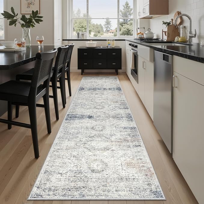 Soalmost Runner Rug 2x8 Washable Non-Slip Hallway Runner Rugs for Kitchen Bathroom Laundry Room Blue Ivory Vintage Floor Carpet Runners for Hallways Entryway